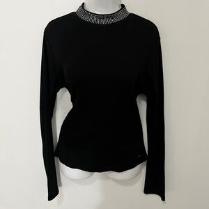 Guess Black Fitted Ribbed Blouse with Mandarin Collar